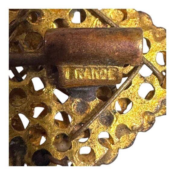 Antique France Gold Filigree & Beaded Brooch Faux Pearls Handmade Unique Design - Picture 3 of 9